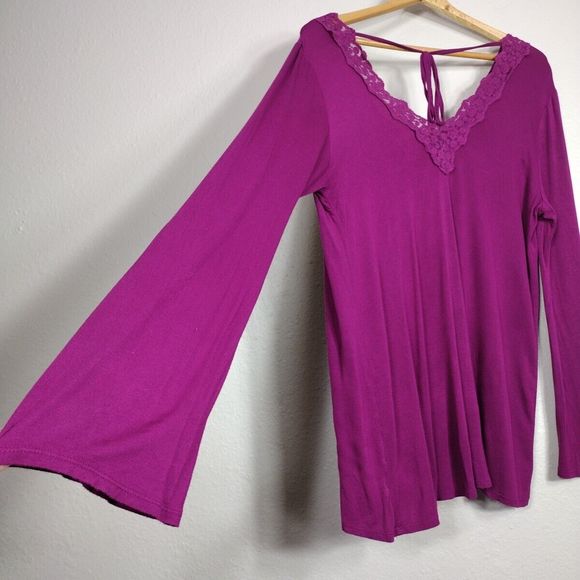 Casual Magenta Top Blouse Womens Embroidered V-Neck Long Sleeve Size 12-14 - Picture 4 of 11